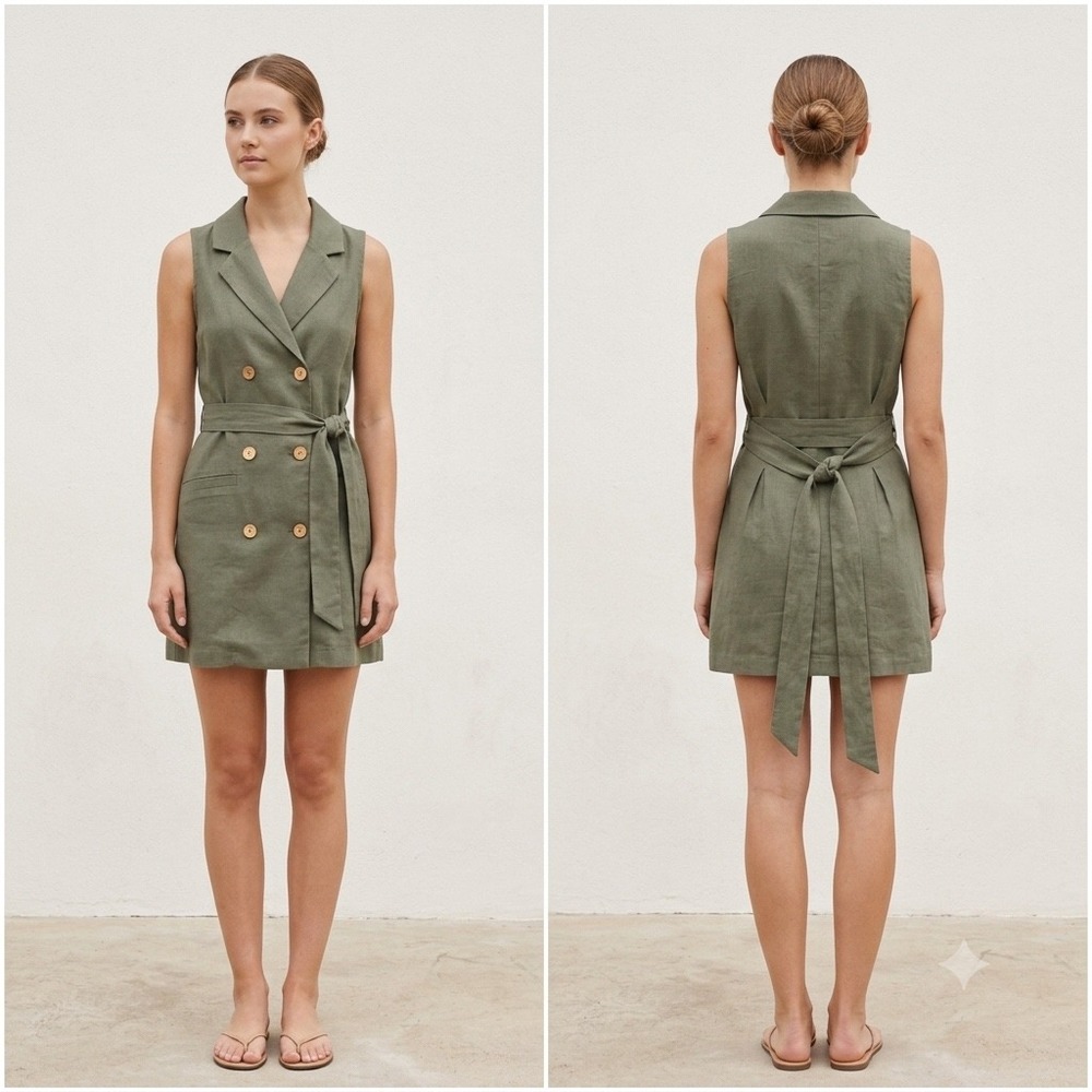 NWT Olive Green Linen Blend Sleeveless Double‎ Breasted Mini Dress XS